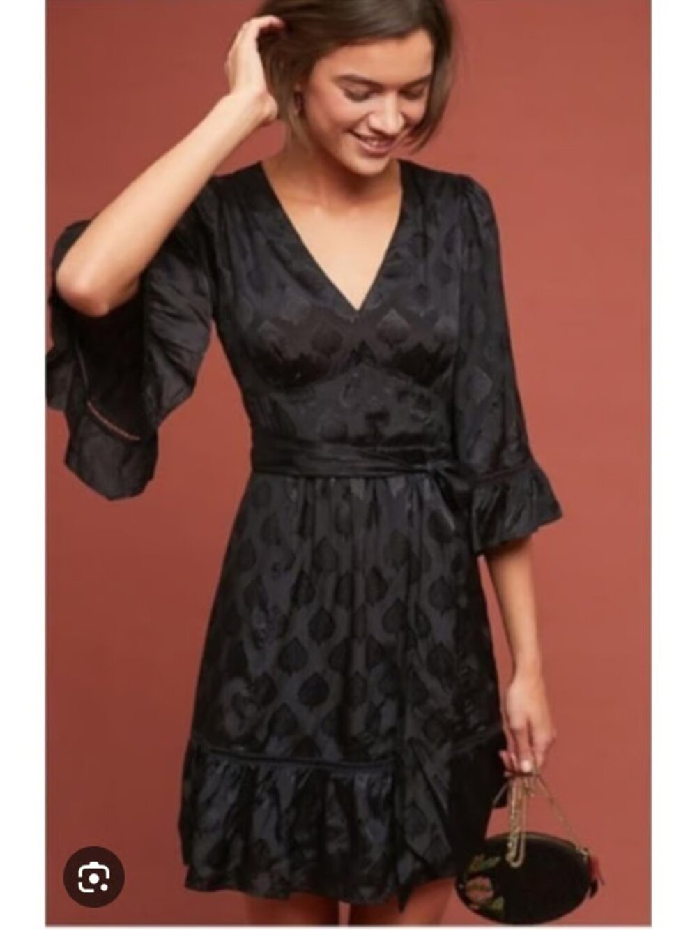 ☀️ Maeve Anthropologie Christine Black Belted Leaf Jacquard Dress 12